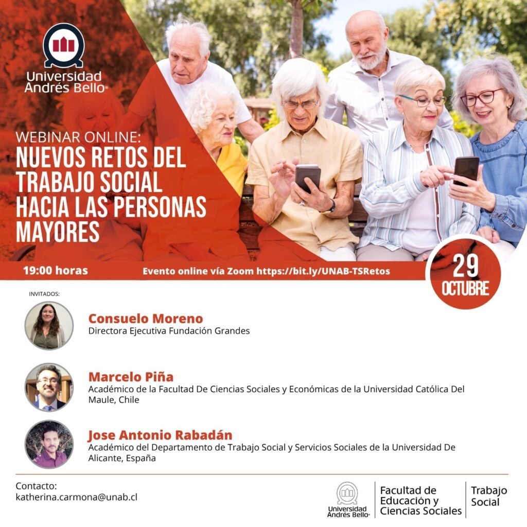 Cartel del webinar «Nuevos retos del trabajo social hacia las personas mayores», Universidad Andrés Bello